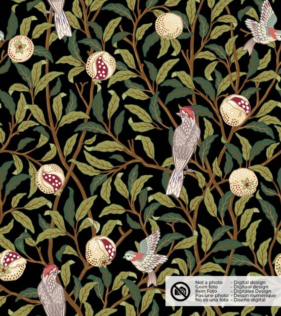 Decostof panama digitaaldruk vogels zwart