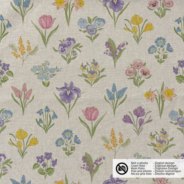 Decostof linnenlook digitaaldruk bloemen beige
