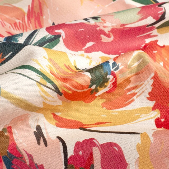 Decostof panama digitaaldruk bloemen fuchsia/oranje