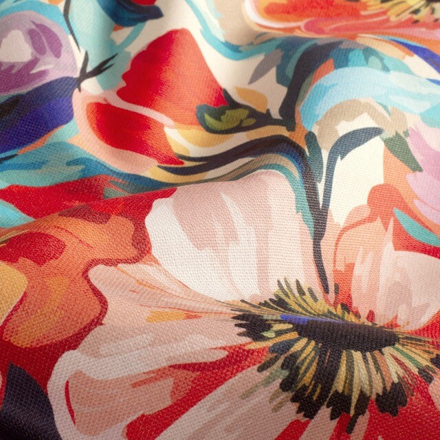 Decostof panama digitaaldruk bloemen fuchsia/aqua