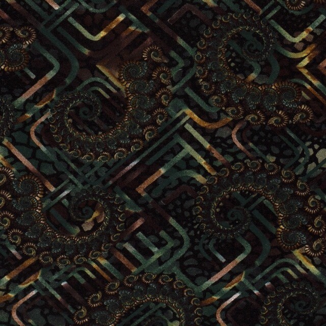 Poly viscose jersey stof discharge abstract olijfgroen