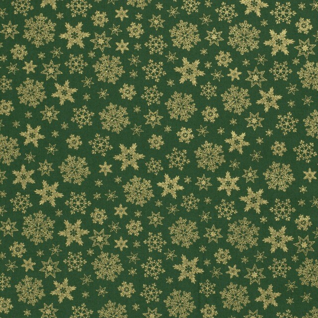 Katoen poplin christmas sneeuwvlokken groen/goud