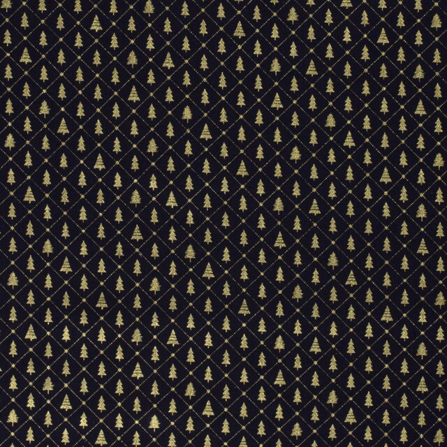 Katoen poplin christmas kerstbomen marine/goud