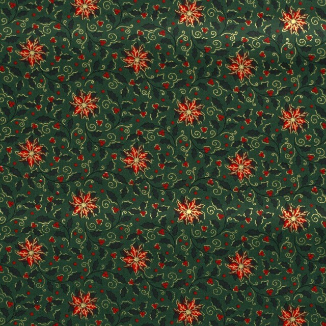 Katoen poplin christmas hulst/bloemen groen/goud