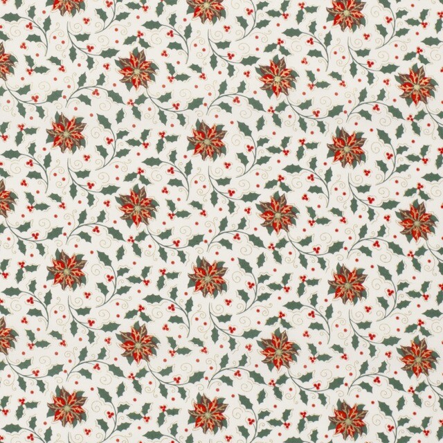 Katoen poplin christmas hulst/bloemen wolwit/goud