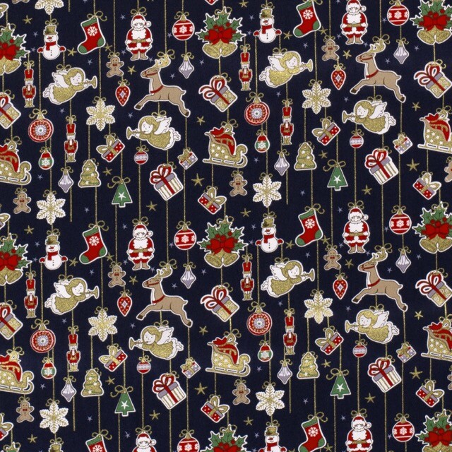 Katoen poplin christmas ornamenten marine/goud