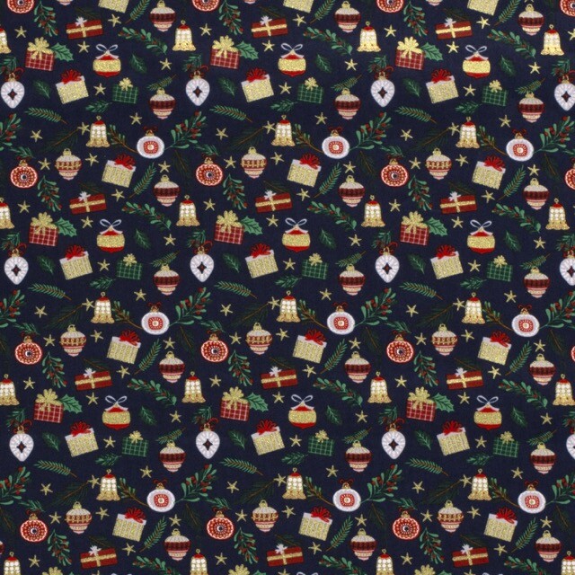 Katoen poplin christmas kerstballen marine/goud