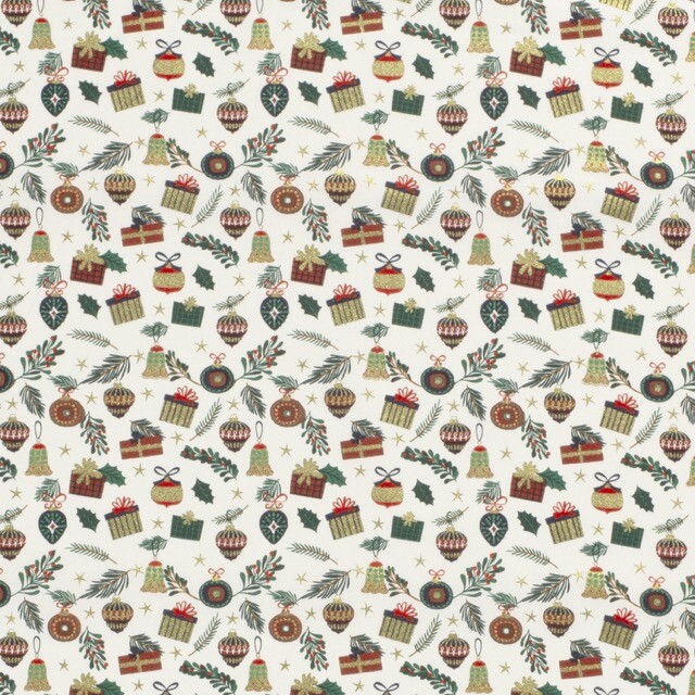 Katoen poplin christmas kerstballen wolwit/goud