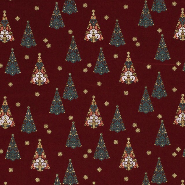 Katoen poplin christmas kerstbomen rood/goud
