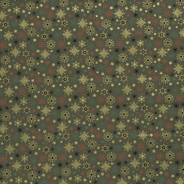 Katoen poplin christmas sneeuwvlokken groen/goud