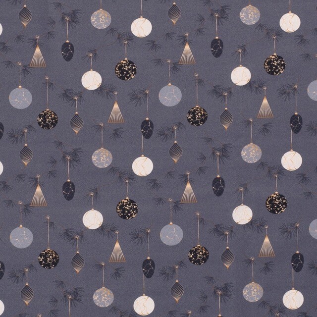 Katoen poplin christmas kerstballen grijsblauw/brons