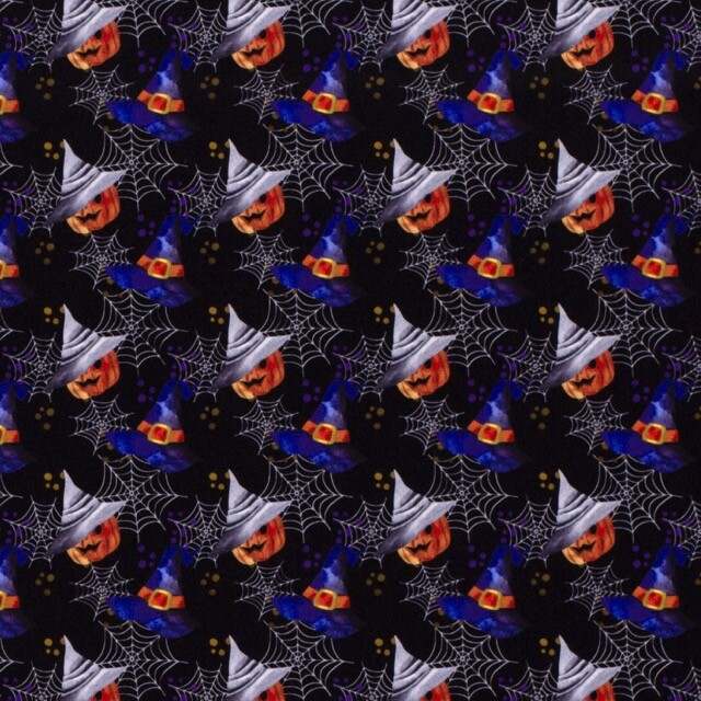 Polyester jersey pompoenen folie zwart/multicolor