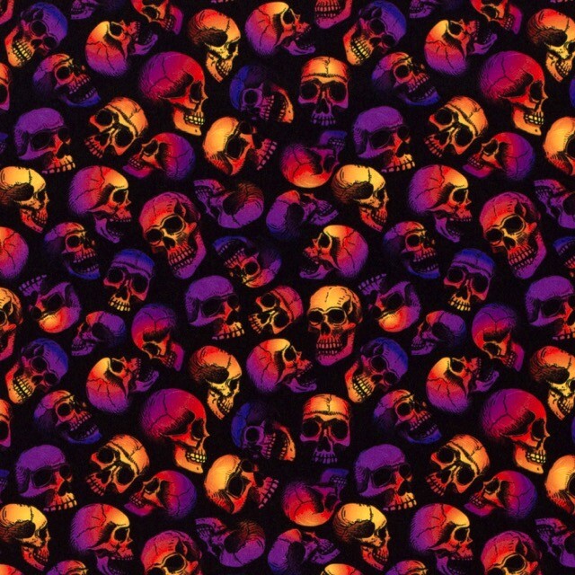 Polyester jersey doodshoofden folie zwart/multicolor