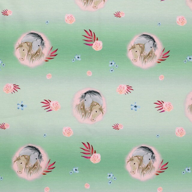 Katoen tricot digitaaldruk paarden groen