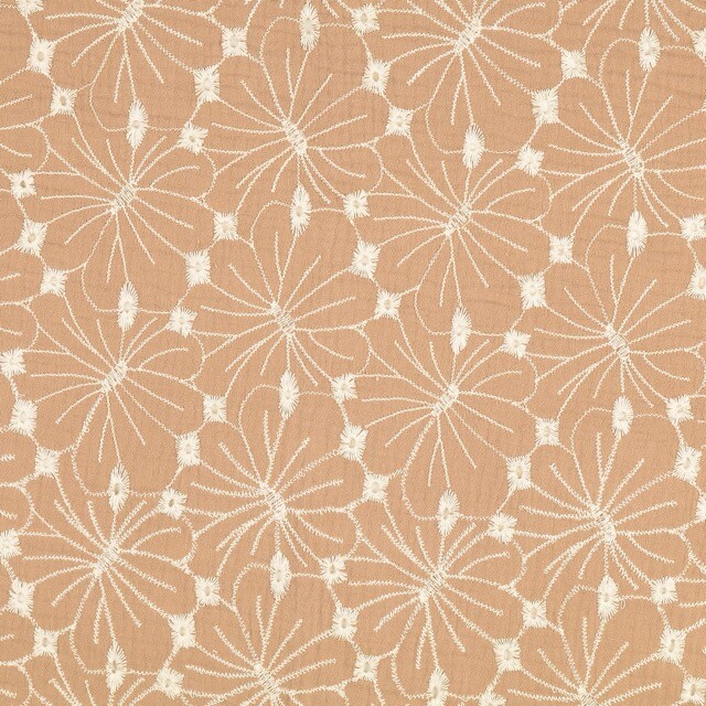 Katoenen mousseline geborduurd bloemen zand