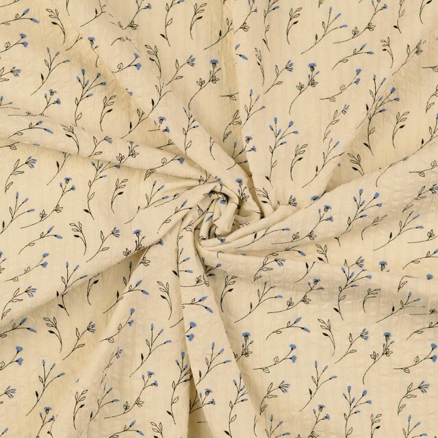 Seersucker vintage bloemen jeansblauw