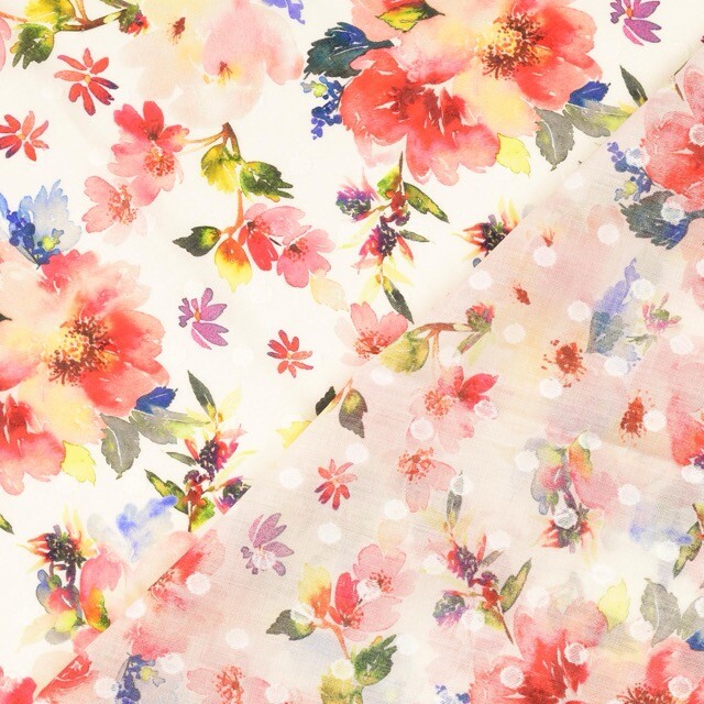 Katoen voile scherli digitaaldruk bloemen offwhite