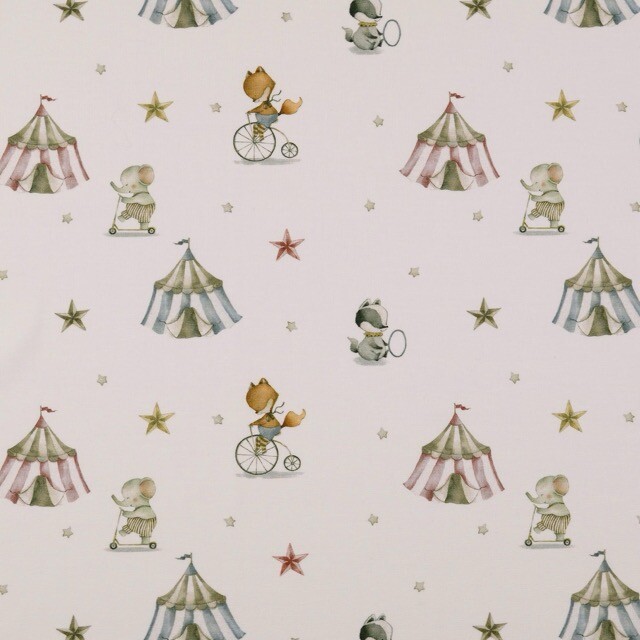 Katoen tricot digitaaldruk circus offwhite