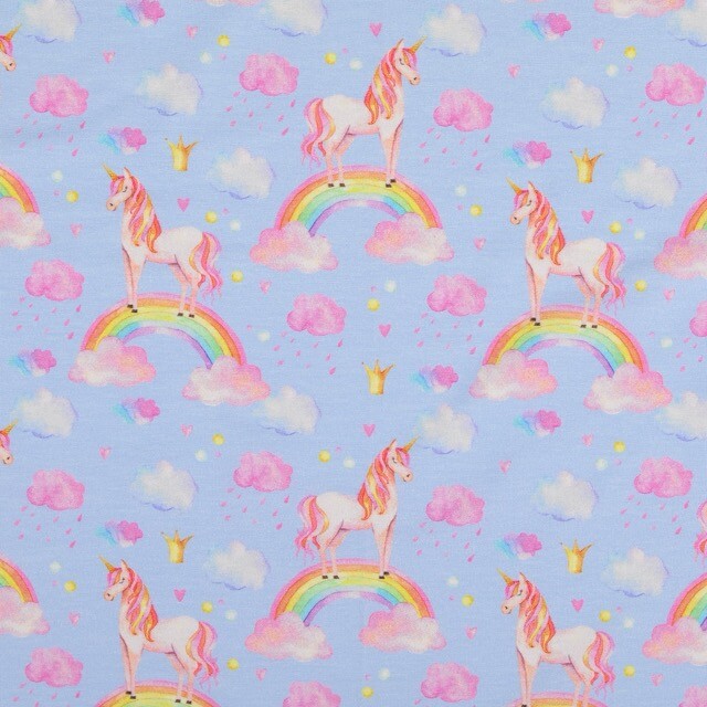 Katoen tricot digitaaldruk regenbogen blauw