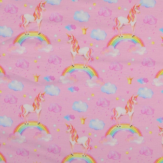 Katoen tricot digitaaldruk regenbogen roze