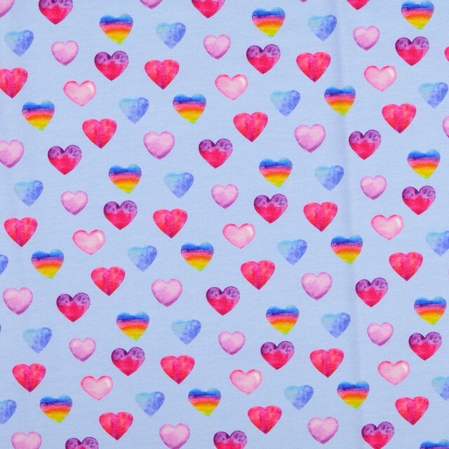 Katoen tricot digitaaldruk hartjes blauw