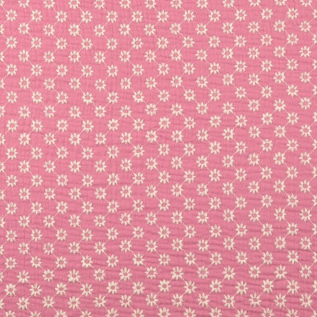 Katoenen mousseline geborduurd bloemetjes roze