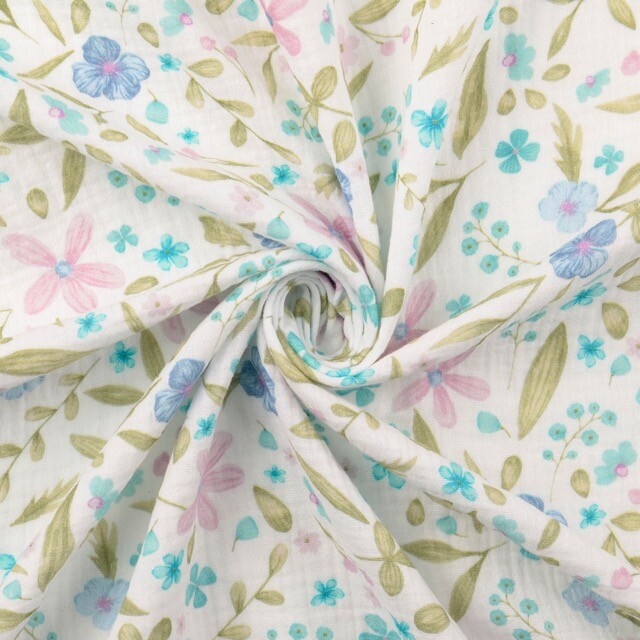 Katoenen mousseline digitaaldruk bloemen blauw