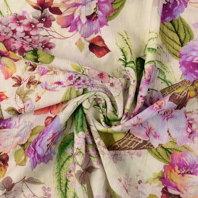 Viscose poplin crushed digitaaldruk bloemen lila