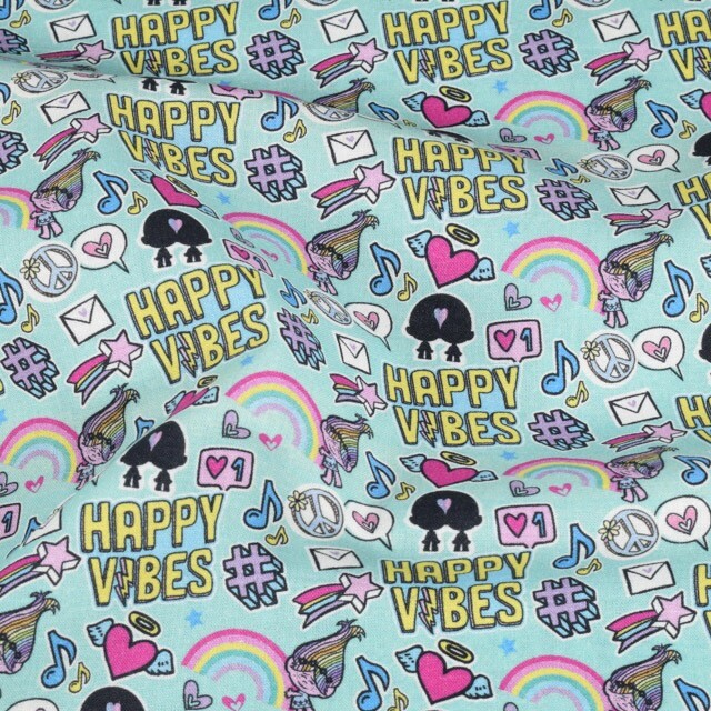 katoen poplin Trolls Happy Vibes lichtblauw