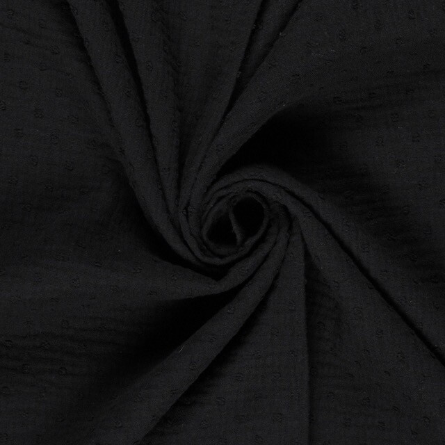 Katoenen mousseline dobby stippen zwart