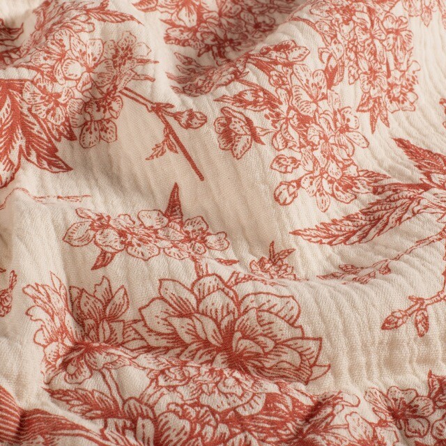 Katoenen mousseline bloemen en vogels rood