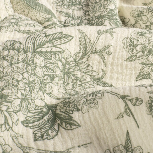 Katoenen mousseline bloemen en vogels donker mint