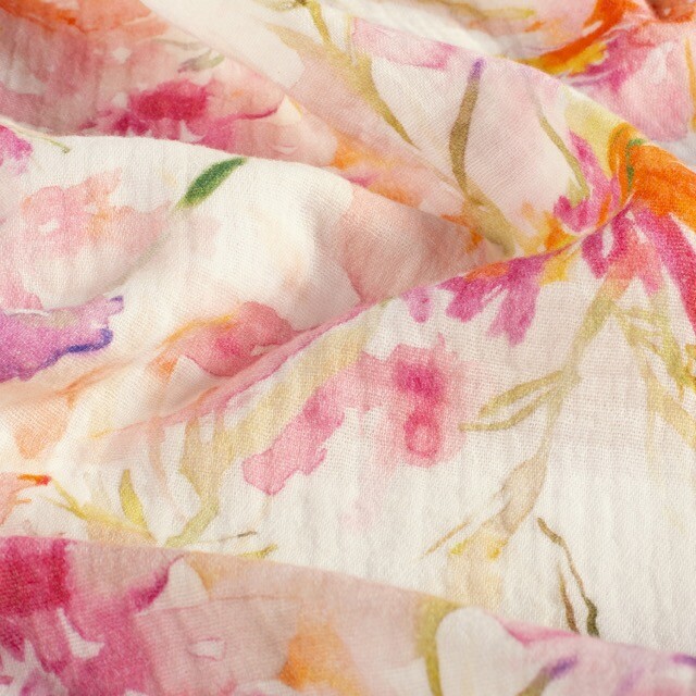 Katoenen mousseline digitaaldruk bloemen wit