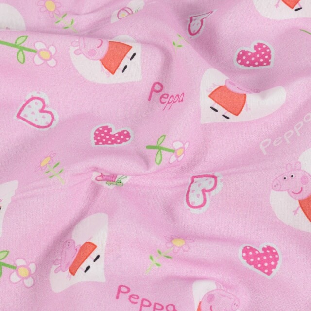 katoen poplin Peppa Pig hartjes lichtroze