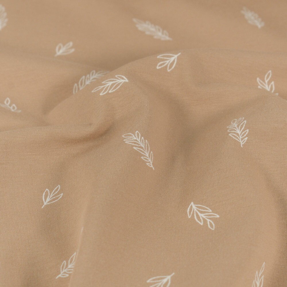 Katoen tricot bladeren nude