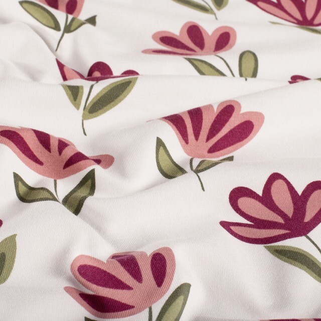 Katoen tricot bloemen offwhite