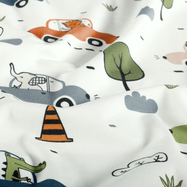 Katoen tricot dieren in auto's offwhite
