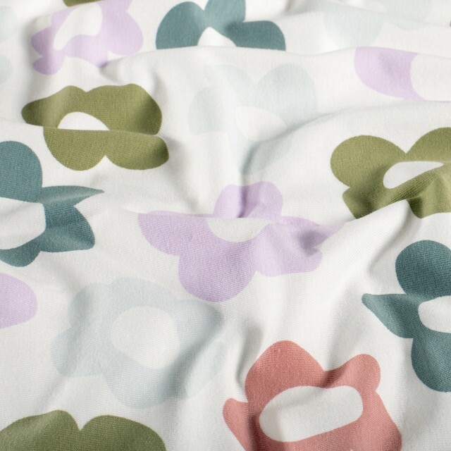 Katoen tricot bloemen offwhite