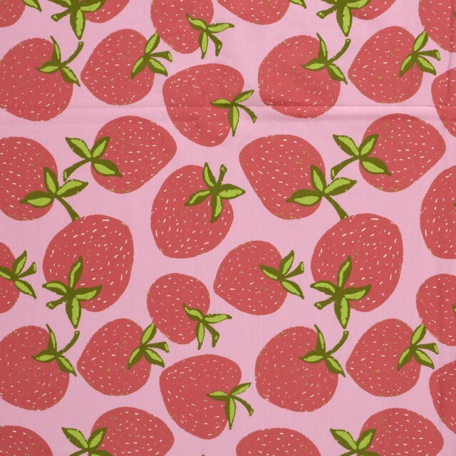Katoen tricot aardbeien roze
