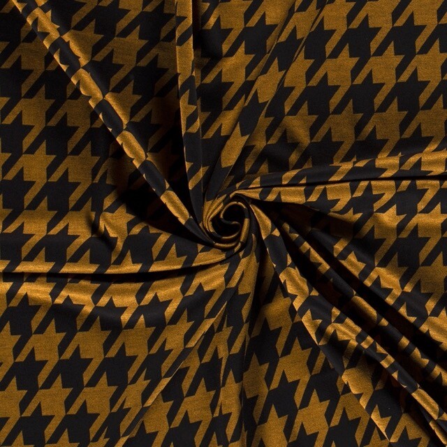 Poly viscose jersey stof discharge bedrukt pied de poule bruin