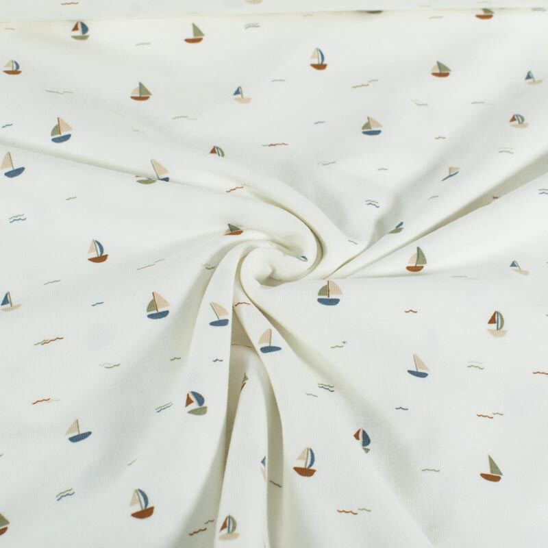 Katoen tricot zeilbootjes offwhite