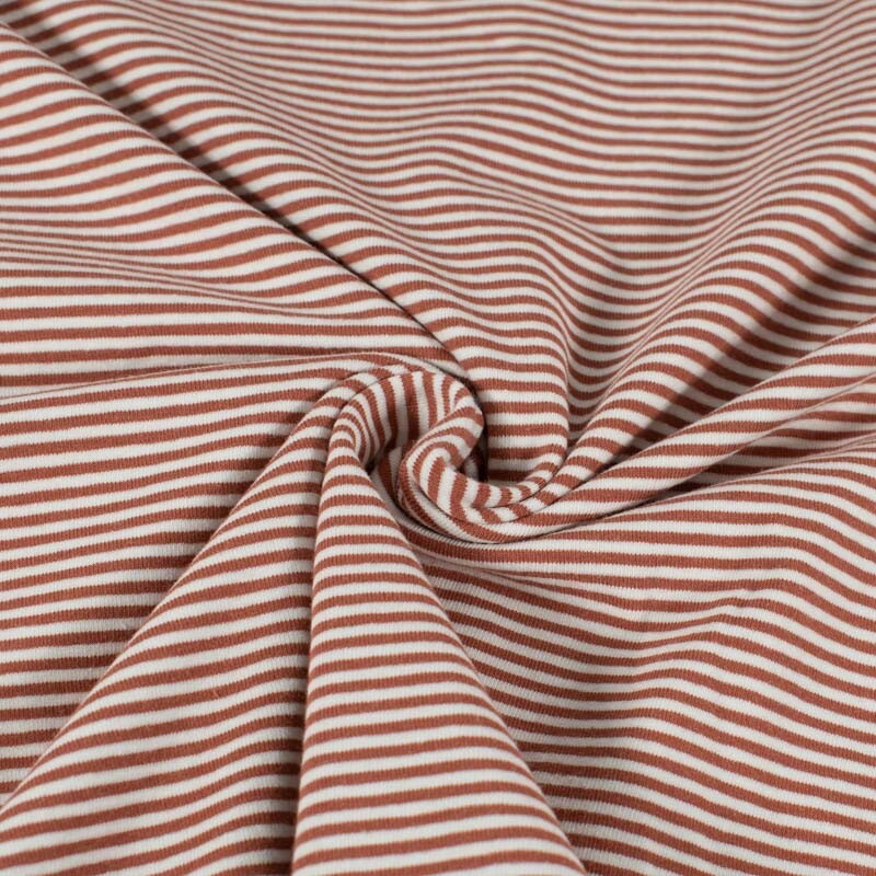 Katoen tricot gestreept roodhout/offwhite