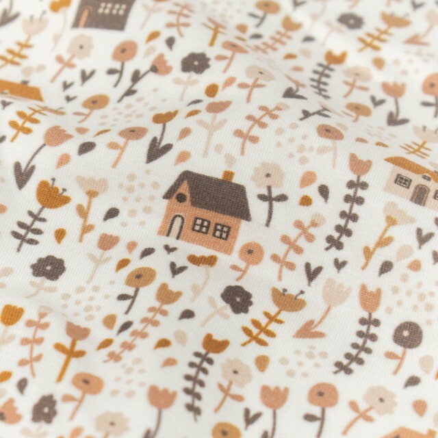 Katoen tricot huisjes met bloemen offwhite