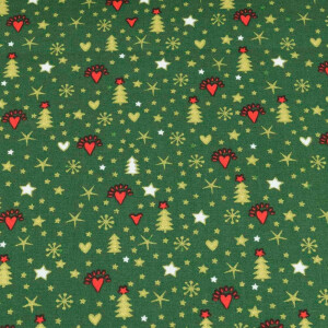 50x140 cm katoen christmas sneeuwvlokken, sterren, bomen donkergroen/gold