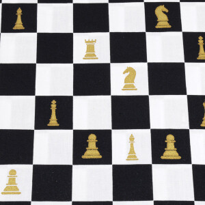 50x150 cm Dapper katoen ruiten zwart/wit met gouden schaakstukken