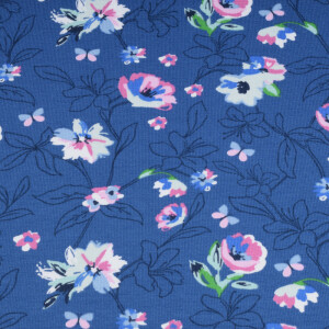 100x150 cm katoen tricot bloemen blauw