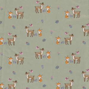100x150cm Katoen tricot hertjes en vosjes donkermint
