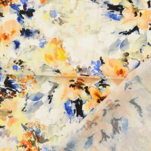 viscose linnen voile digitaaldruk bloemen oranje/blauw