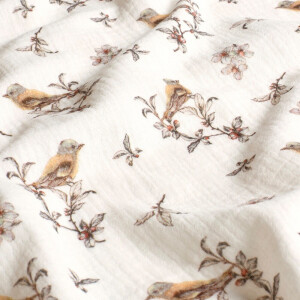 katoenen mousseline digitaaldruk vogels offwhite