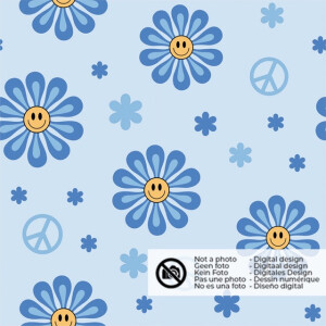 50x150cm katoen tricot bloemen peace lichtblauw